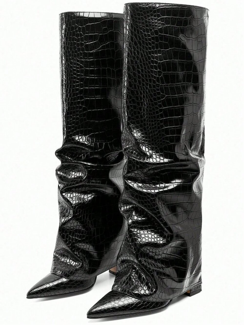 Black Texture Punk Women's Knee High Slouchy Chunky heel boots - Picture 5 of 11